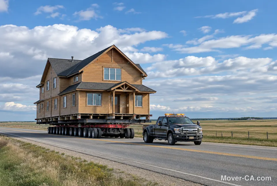 A two-storey wooden house on a house-moving trailer on a prairie road in Alberta