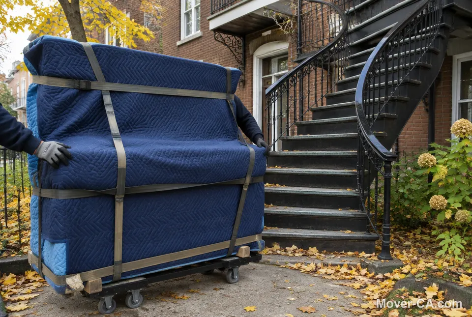 A wrapped piano on a dolly at the foot of a Montreal outdoor staircase
